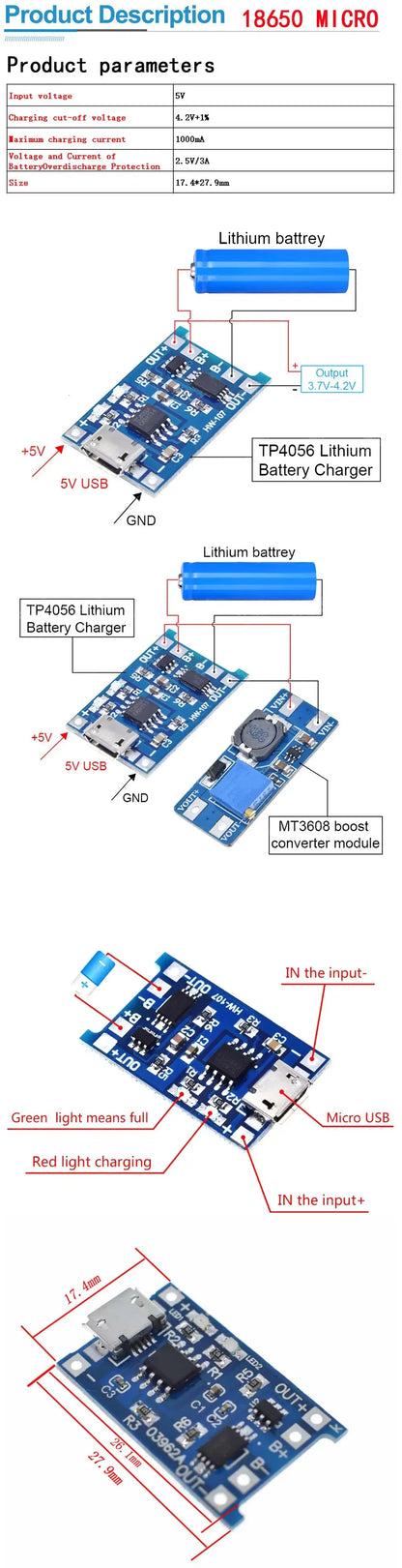 Lote 10/50 Pcs Módulo Cargador Batería Litio TP4056 USB-C 5V 1A 18650 con Protección Dual