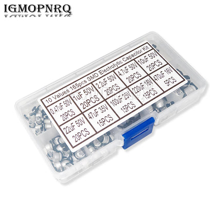 Kit Muestrario Capacitor Electrolítico Aluminio SMD (0.47uF-100uF, 10 Valores) - Pack 165 Piezas