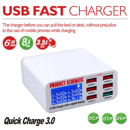 Cargador Escritorio USB 8A QC 3.0 (6 Puertos) con Pantalla LCD Carga Rápida Inteligente para Móvil/Tablet