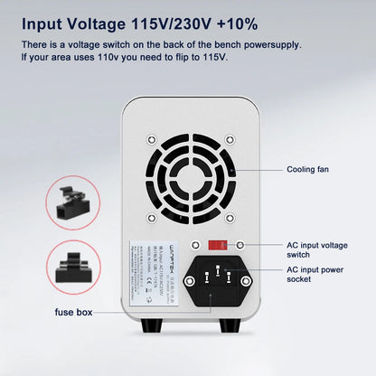 Fuente de Poder Laboratorio WANPTEK DC Ajustable 30V/60V/120V Regulador Voltaje Preajuste V/A (Input 110V/220V)