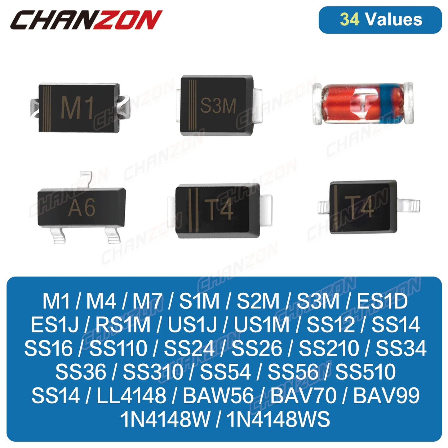 Diodo SMD - Varios Tipos: Schottky / Fast Recovery / Switching / Rectificador (M1-M7, S1M-S3M, SS14-SS36, LL4148, etc.) - Lote 100 Piezas