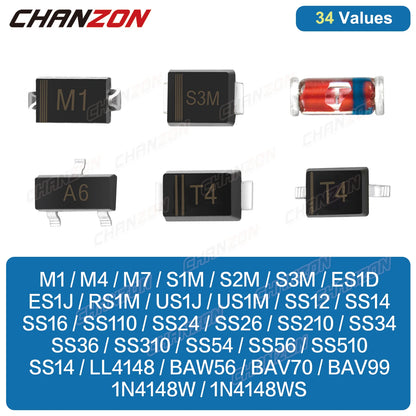 Diodo SMD - Varios Tipos: Schottky / Fast Recovery / Switching / Rectificador (M1-M7, S1M-S3M, SS14-SS36, LL4148, etc.) - Lote 100 Piezas