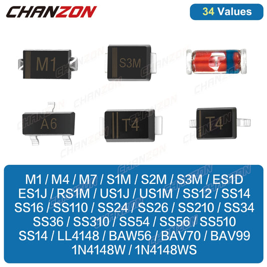 Diodo SMD - Varios Tipos: Schottky / Fast Recovery / Switching / Rectificador (M1-M7, S1M-S3M, SS14-SS36, LL4148, etc.) - Lote 100 Piezas