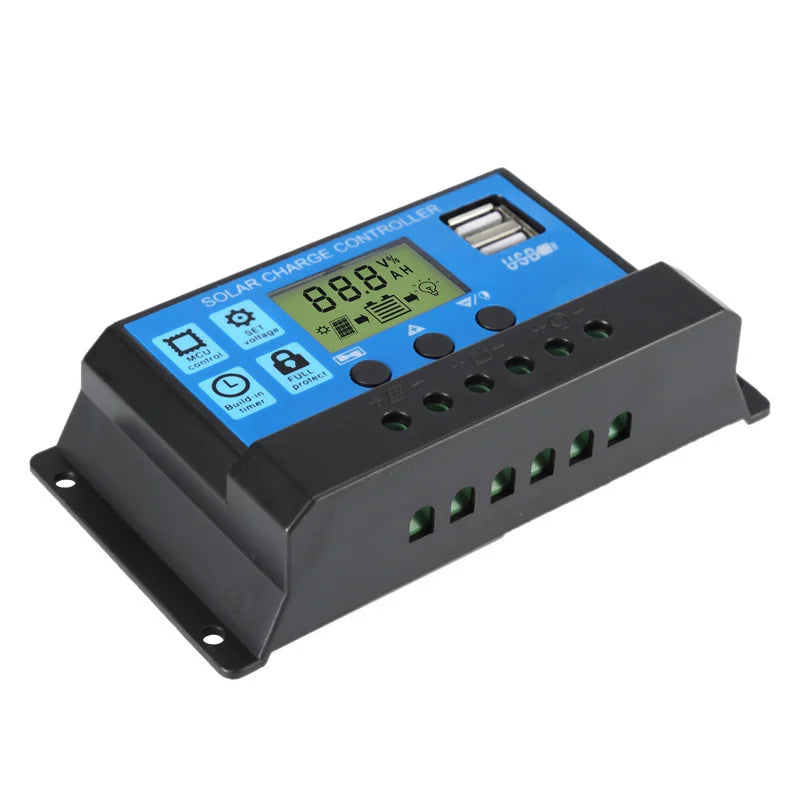 Controlador Carga Solar PWM 10A 12V/24V Control Luz/Tiempo Auto Dual USB LCD