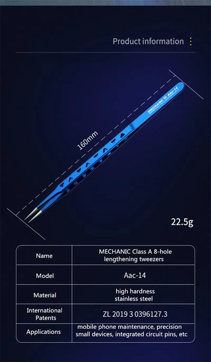 Pinzas Acero Inoxidable MECHANIC Aac-14 Alta Precisión (8 Agujeros Disipación Calor) para Reparación Teléfono (Clip Soldadura Punto Cable Volador)