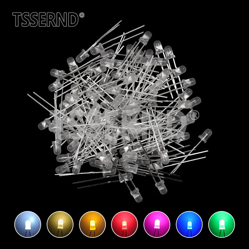 Kit Surtido Diodo LED F3 (3mm) Colores (Blanco/Verde/Rojo/Azul/Amarillo/Naranja/Rosa/Púrpura/Blanco Cálido) DIY (60/100 Piezas)