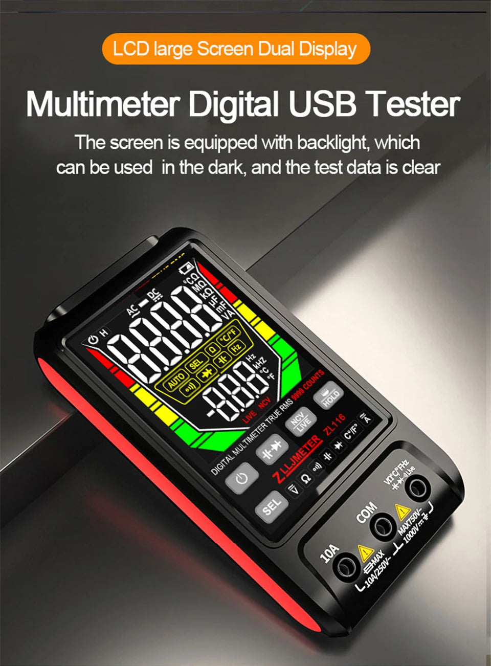Multímetro Digital Inteligente USB (9999 Cuentas) - Pantalla Grande, AC/DC, Capacitancia, Ohm, Hz, Temp