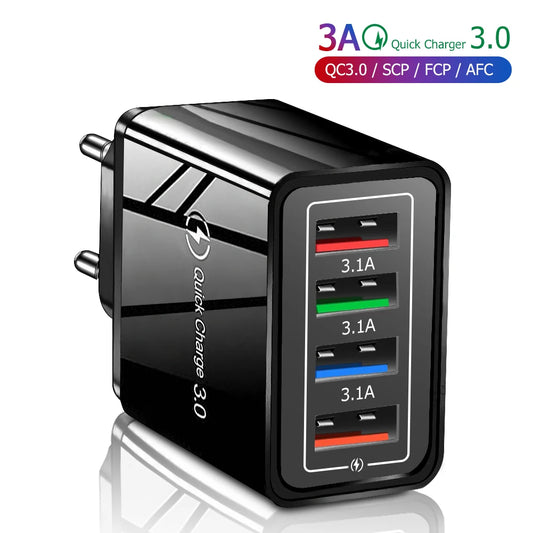 Cargador Pared USB 4 Puertos Carga Rápida QC 3.0 (3A) Adaptador Móvil Portátil Enchufe EU/US para iPhone 16 Pro