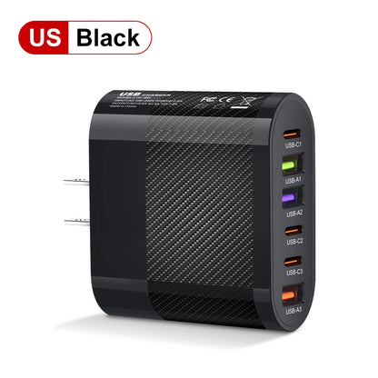 Cargador Pared USB C Múltiple 6 Puertos 65W Carga Rápida PD Adaptador Móvil para iPhone 14/15 Pro/Xiaomi/Samsung/Oneplus