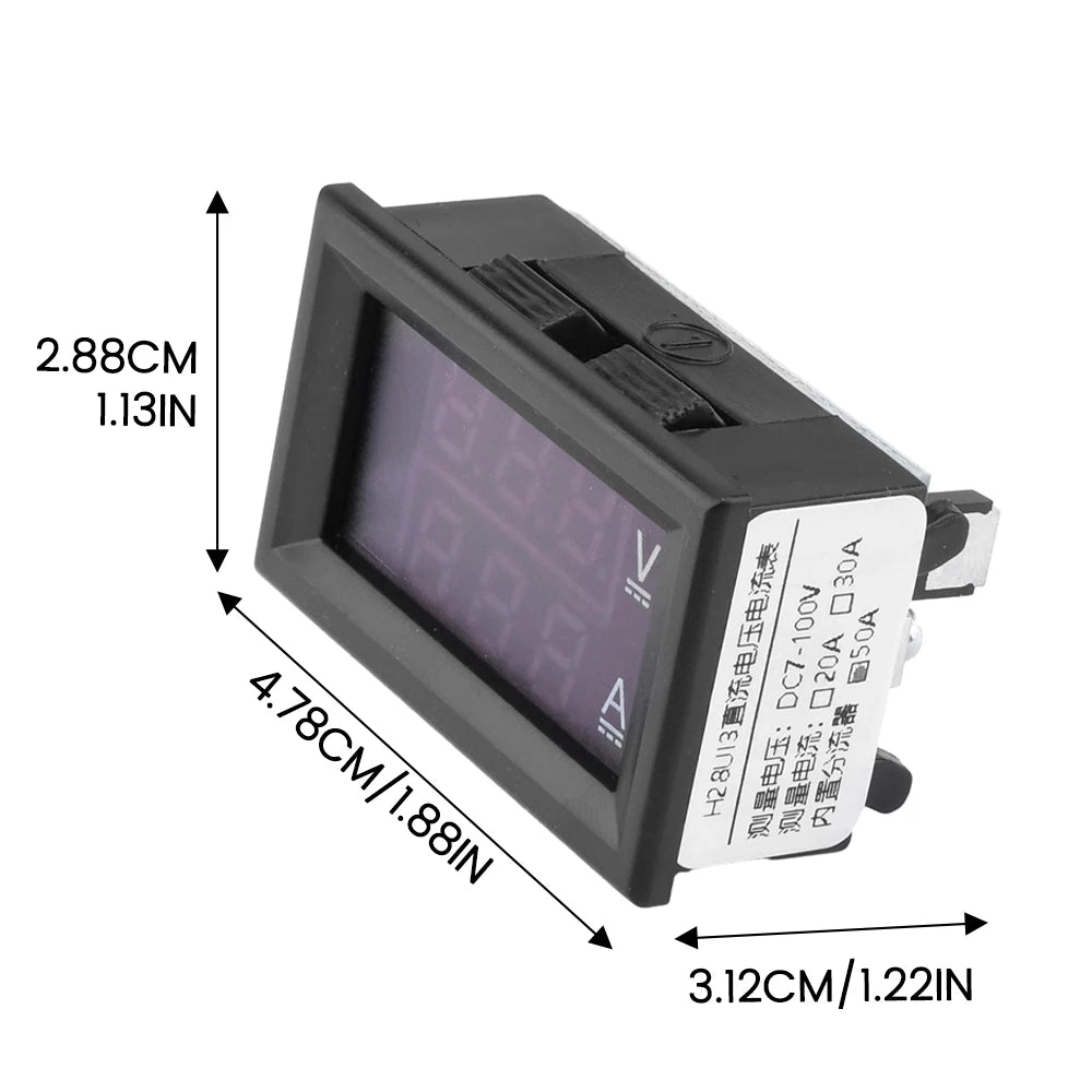 Voltímetro Amperímetro Digital DC (7-100V, 20A/50A Shunt Integrado) - Panel Display LED Dual 0.28"