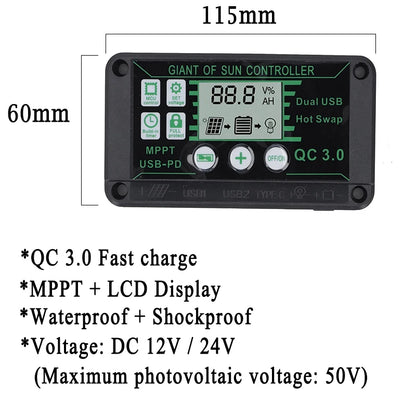 Controlador Carga Solar MPPT 10A-100A 12V/24V Max PV 50V Regulador Panel Dual USB Auto Display