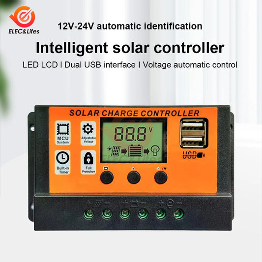Controlador Carga Solar 100A 12V/24V Regulador Batería Panel Solar LCD Ajustable con Puerto USB
