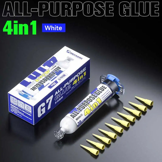 Pegamento Adhesivo Estructural Multiuso MECHANIC G7 (30cc) con 10 Puntas para Marco/Pantalla Teléfono Móvil (Calafateo, Negro/Blanco)