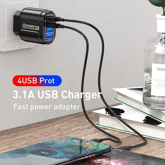 Cargador Rápido Viaje Portátil QC3.0 4 Puertos USB 48W (Enchufe EU) para Android/iPhone/Xiaomi