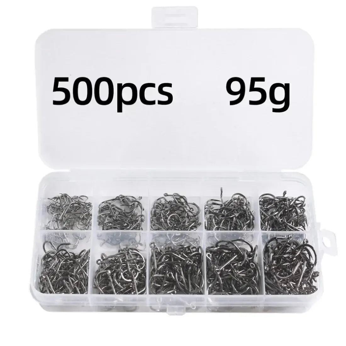 Set Anzuelos Pesca Acero Alto Carbono con Púa (Tamaños 3#-12#, 50 Unidades c/u = 500 Piezas/Caja) para Agua Salada/Dulce