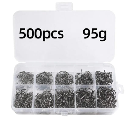 Set Anzuelos Pesca Acero Alto Carbono con Púa (Tamaños 3#-12#, 50 Unidades c/u = 500 Piezas/Caja) para Agua Salada/Dulce