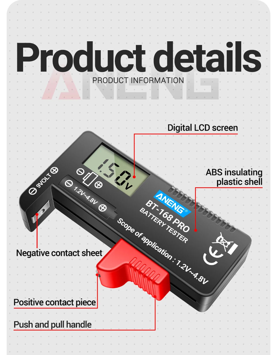 Probador Baterías Digital ANENG BT-168 PRO (Analizador Carga Capacidad) Universal para 9V/AAA/AA/Pila Botón