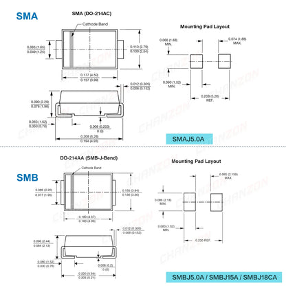 50Pcs 100% Original SMAJ5.0A SMBJ5.0A SMBJ15A SMBJ18CA TVS Diode SMA SMB 800uA 1.0uA 5V 15V 18V 400W 600W Unidirectional Channel