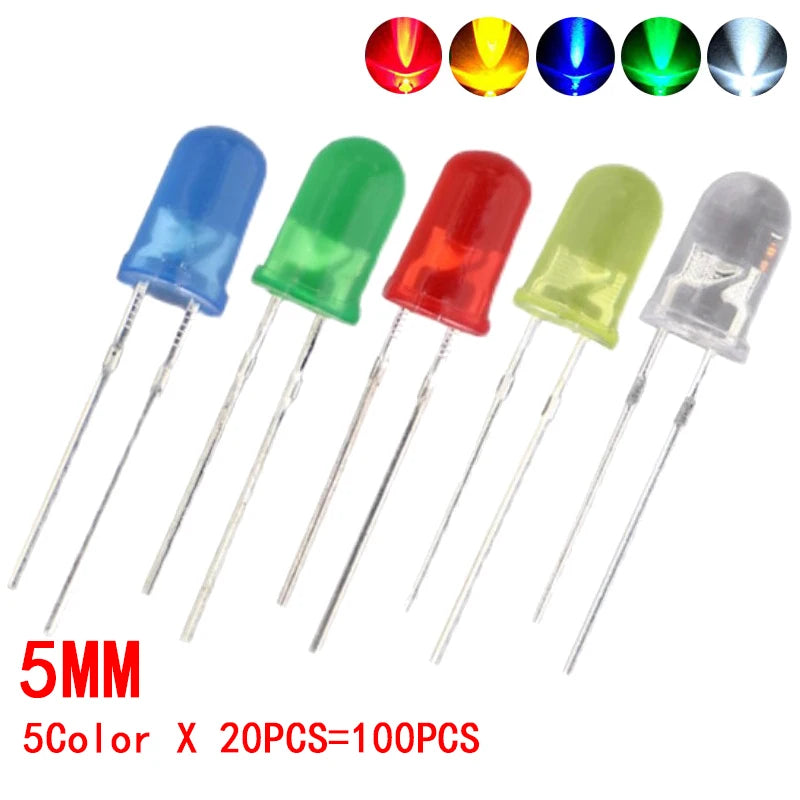 Kit Surtido Diodos LED 3mm/5mm (Blanco/Amarillo/Rojo/Verde/Azul) para DIY Electrónico (100 Piezas)