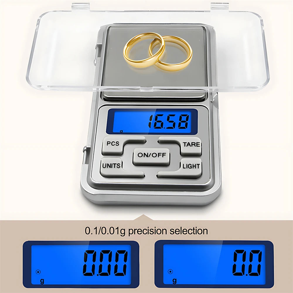Mini Balanza Electrónica Digital Bolsillo Alta Precisión (0.01g - 500g) para Joyería/Oro/Plata/Cocina (Gramos)