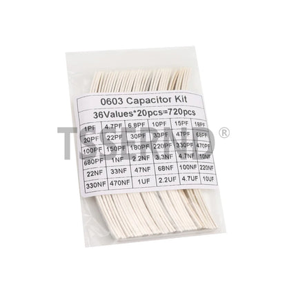 Kit Surtido Capacitores SMD (0603/0805/1206, 16/36/50 Valores, 1pF-10uF) Set Capacitancia (320/720 Piezas)