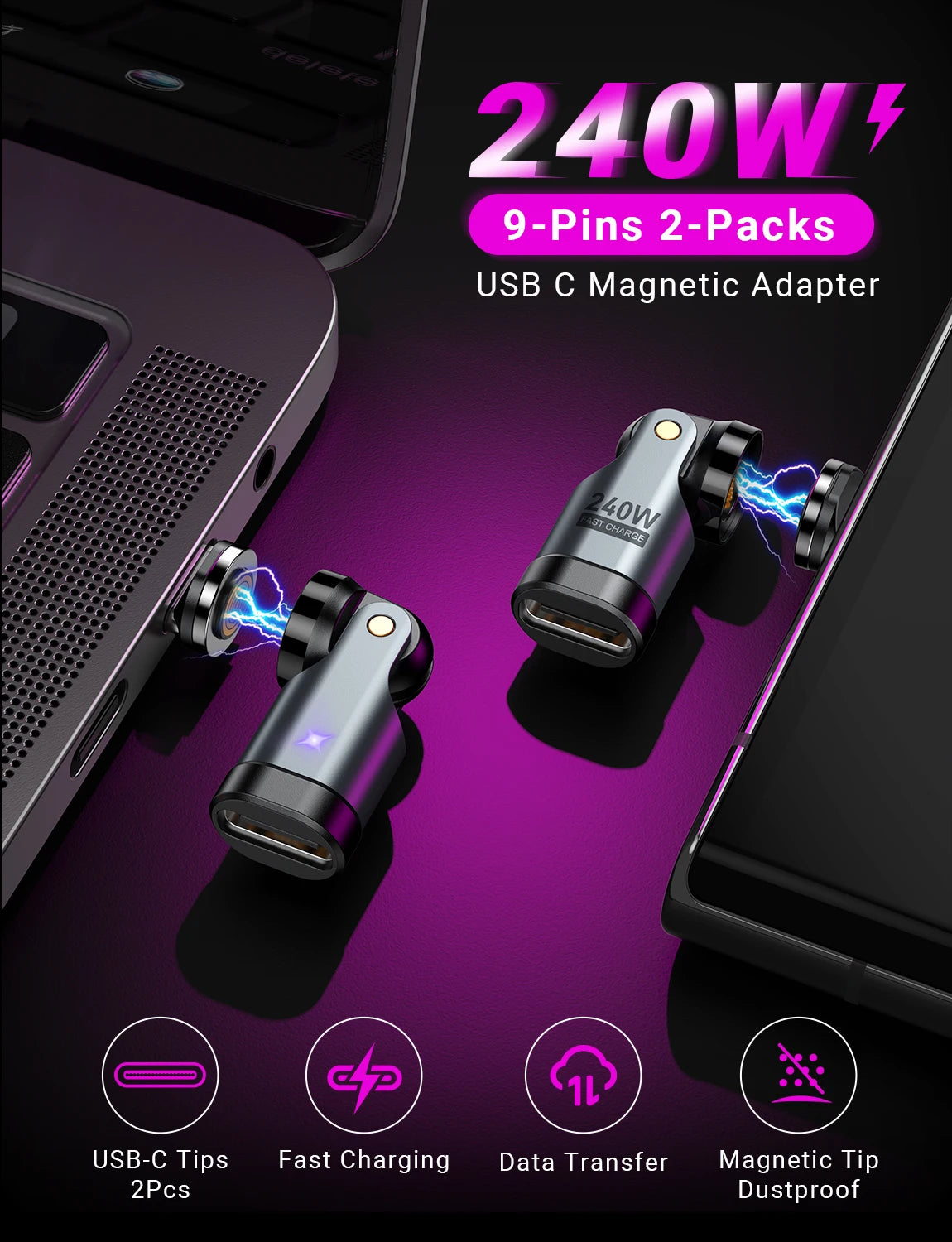 Adaptador Magnético OTG AUFU 9 Pines Tipo C Hembra a Tipo C/iOS/Micro Macho (PD 240W Carga Rápida) Convertidor para iPhone/Laptop