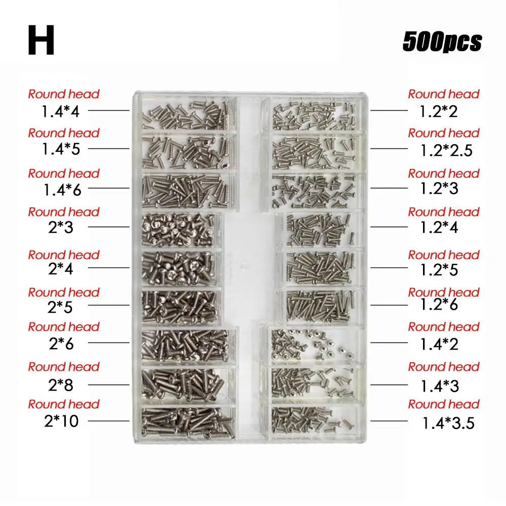 Set Mini Tornillos Acero Inoxidable 18 Tamaños para Reloj/Gafas/Electrónica Accesorio Reparación (500 Piezas)