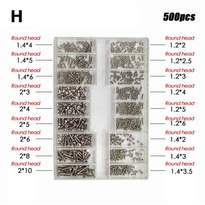 Set Mini Tornillos Acero Inoxidable 18 Tamaños para Reloj/Gafas/Electrónica Accesorio Reparación (500 Piezas)
