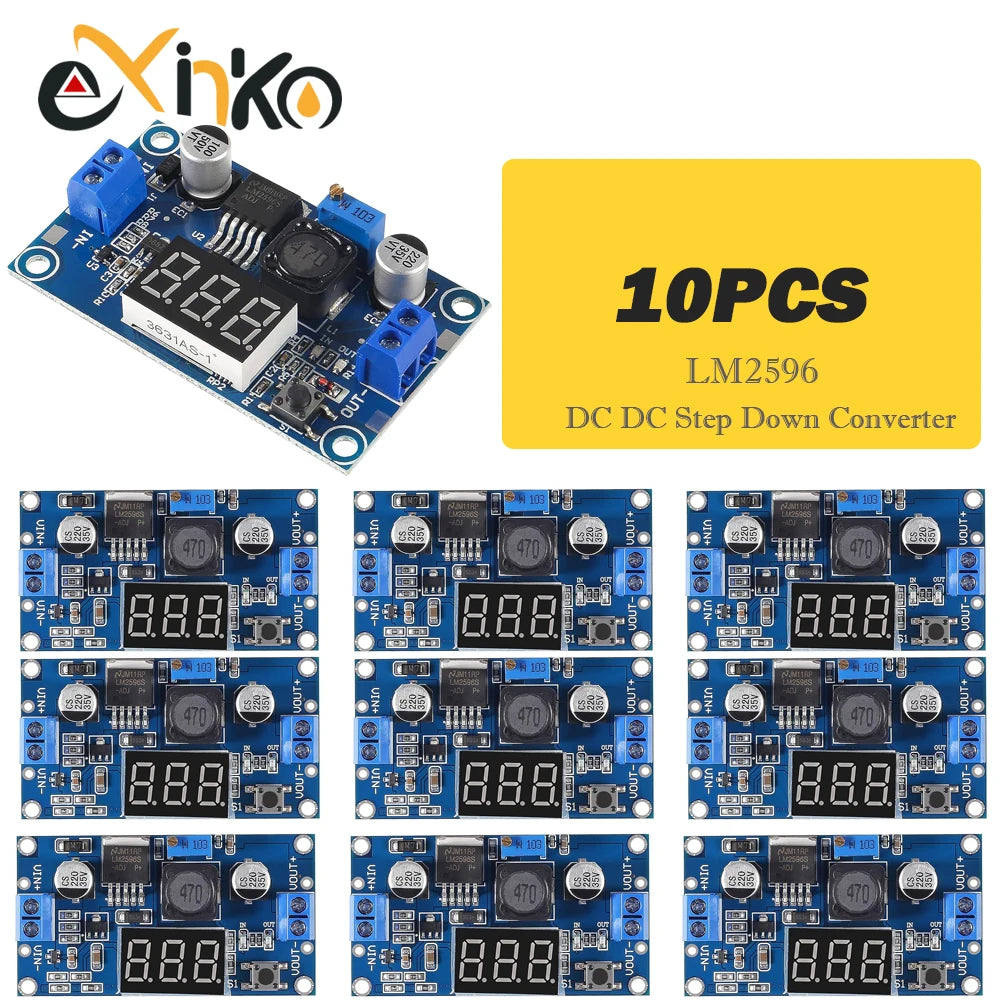Lote 5/10 Pcs Módulo Convertidor Buck LM2596 DC-DC Step-Down con Voltímetro LED 4.0-40V a 1.3-37V