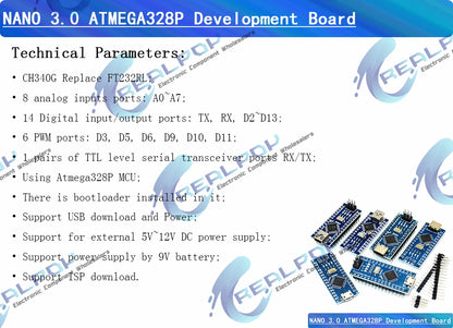 Placa Nano 3.0 (ATMEGA328P, 16MHz, CH340) con Bootloader (Puerto Mini/Tipo C/Micro USB) + Cable USB compatible Arduino
