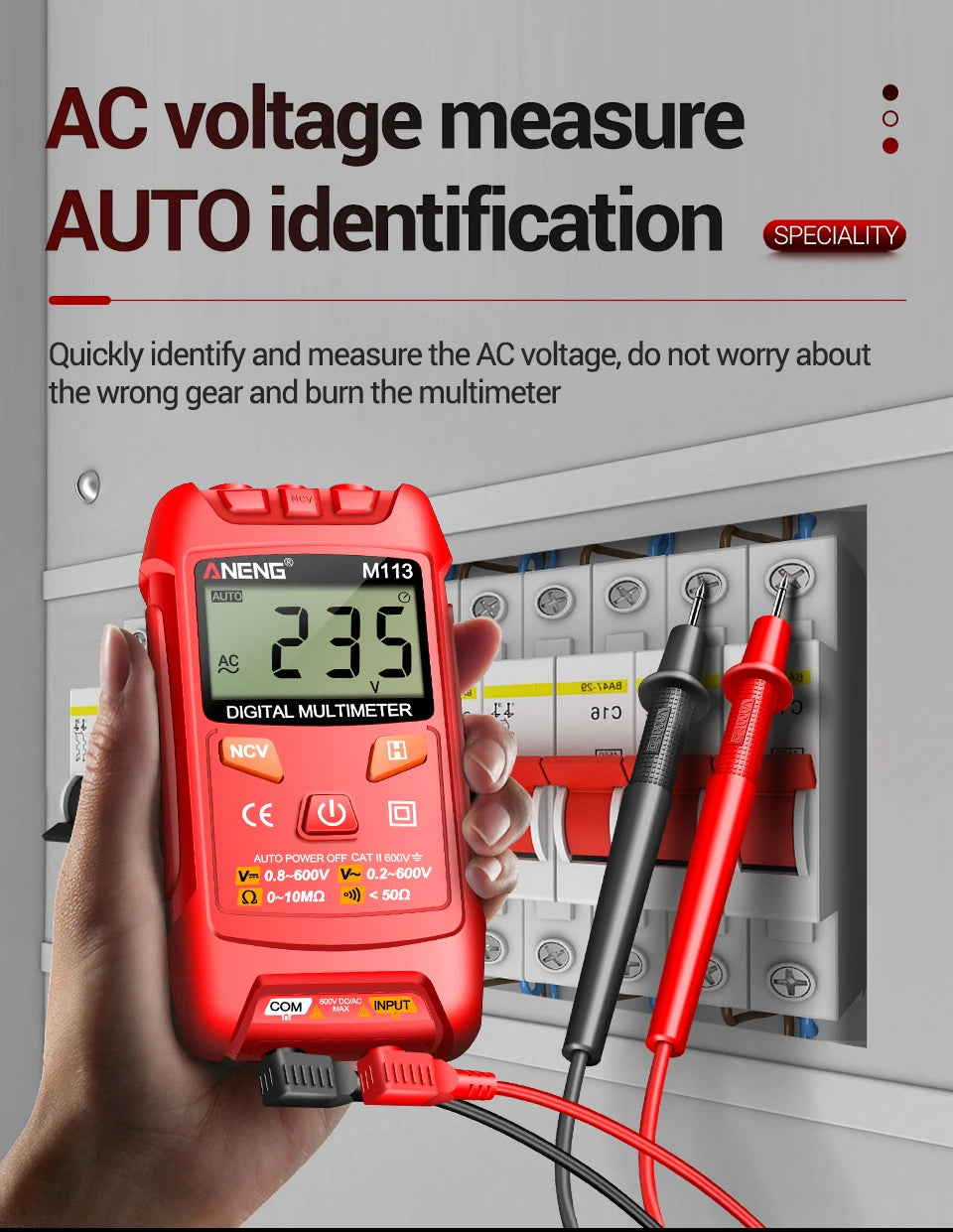 Mini Multímetro Digital Inteligente ANENG M113 (1999 Cuentas) Medidor Voltaje AC/DC/Ohm/NCV Herramienta Eléctrica