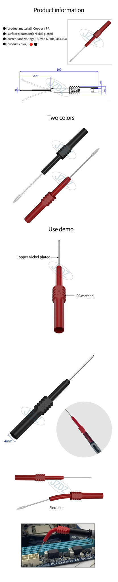 Puntas de Prueba JZDZ Flexibles (1mm) para Multímetro con Conector Banana Hembra 4mm (Par)
