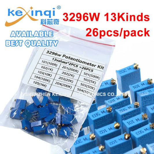 26pcs/set 3296W Potentiometer kit 100R 200R 500R 1K 2K 5K 10K 20K 50K 100K 200K 500K 1M Variable Resistors Set 13values x 2PCS