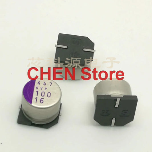 Capacitor Electrolítico Sólido Polímero SMD Sanyo OS-CON SVP (100uF, 16V, 10x8mm) Bajo ESR - Pack 20/50 Unidades