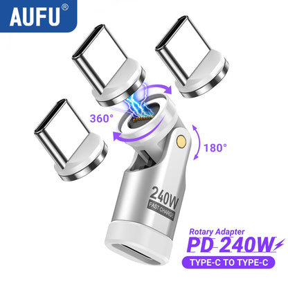 Adaptador Magnético AUFU Tipo C 9 Pines (240W Carga Rápida USB-C a Tipo C) Conector OTG para Samsung/Xiaomi/Lenovo Laptop (Pack 3 Unidades)