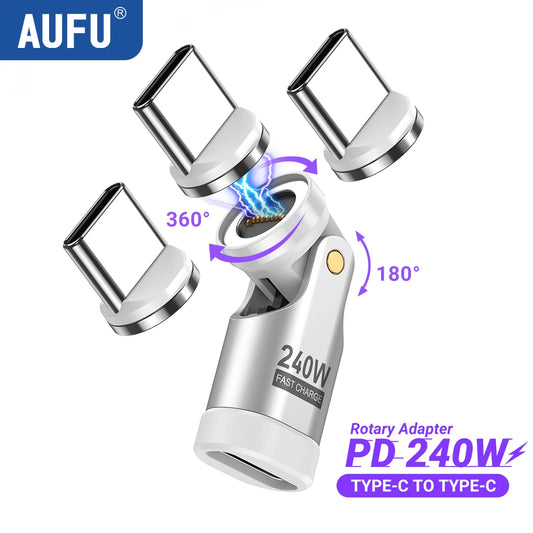 Adaptador Magnético AUFU Tipo C 9 Pines (240W Carga Rápida USB-C a Tipo C) Conector OTG para Samsung/Xiaomi/Lenovo Laptop (Pack 3 Unidades)