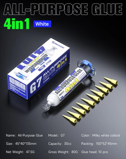 Pegamento Adhesivo Estructural Multiuso MECHANIC G7 (30cc) con 10 Puntas para Marco/Pantalla Teléfono Móvil (Calafateo, Negro/Blanco)