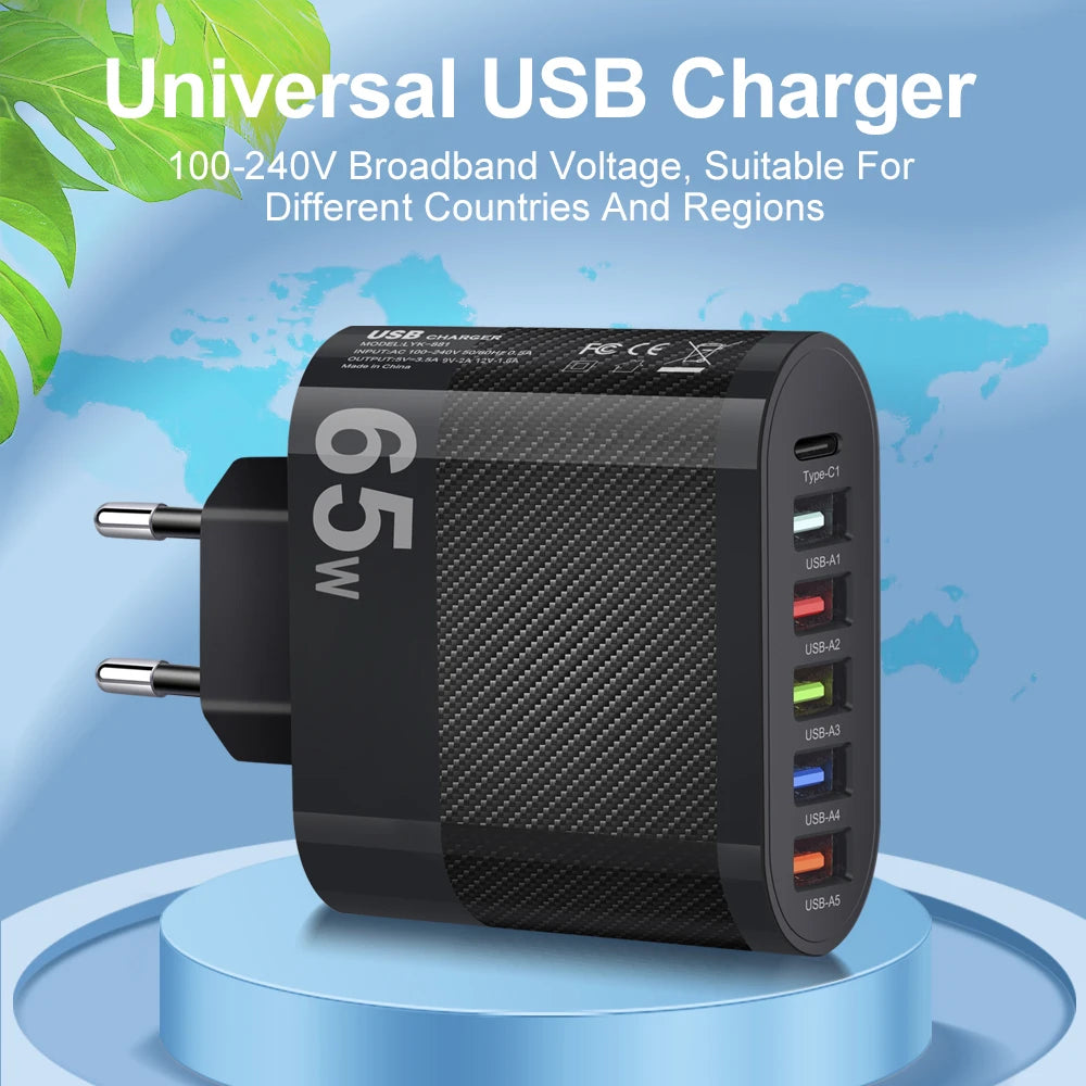 Cargador Pared USB Múltiple 6 Puertos 65W Carga Rápida Alta Velocidad (PD, QC 3.0) Adaptador Móvil para Huawei Mate 60/Xiaomi 13