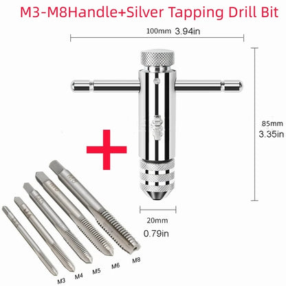 Llave Macho Manual Ajustable Mango T con Ratchet/Fresa para Roscar M3/M4/M5/M6/M8 Métrico
