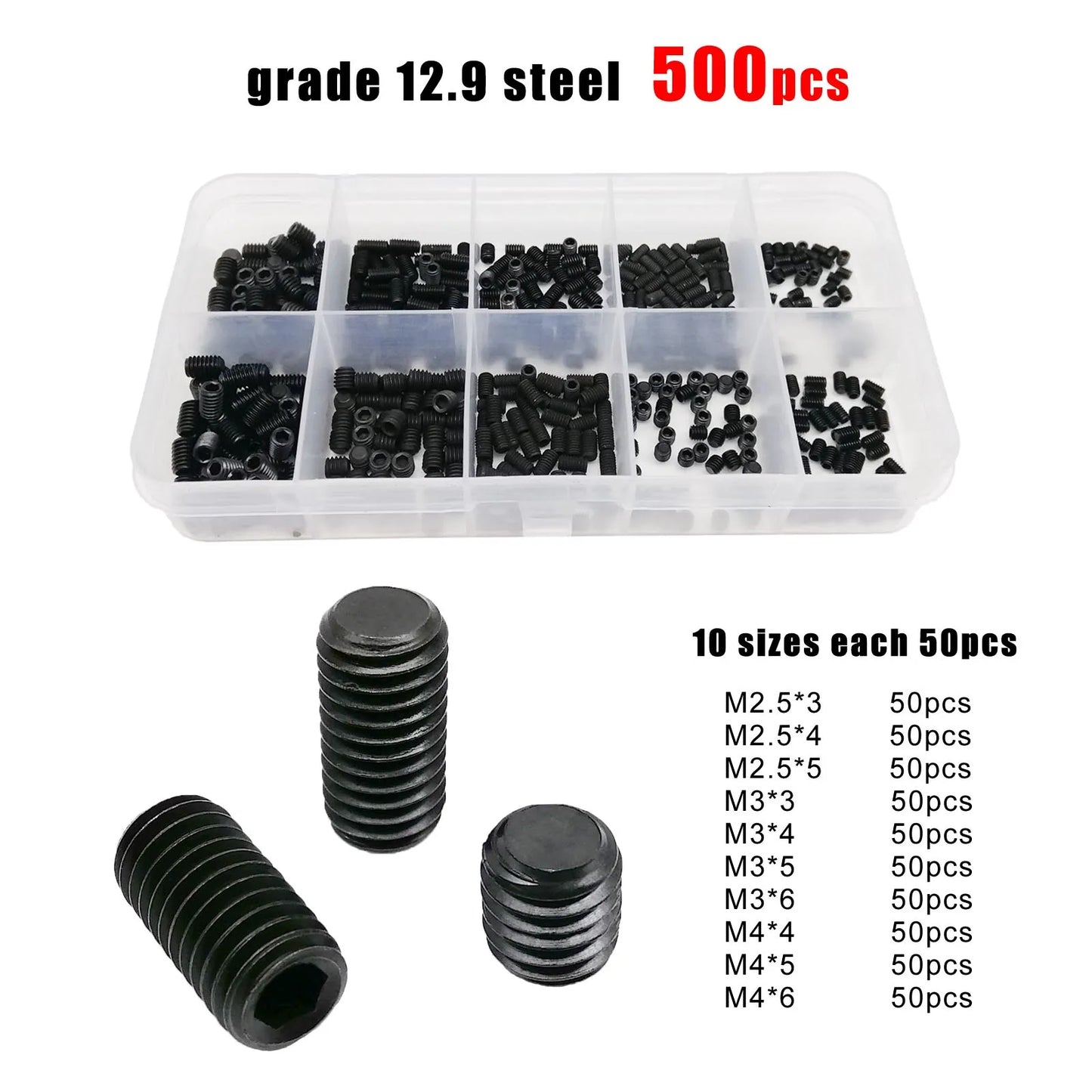 Kit Caja Tornillos Allen Cabeza Plana Hexagonal Acero Inoxidable 304/Negro DIN913 (M2-M8) (500/1500 Piezas)