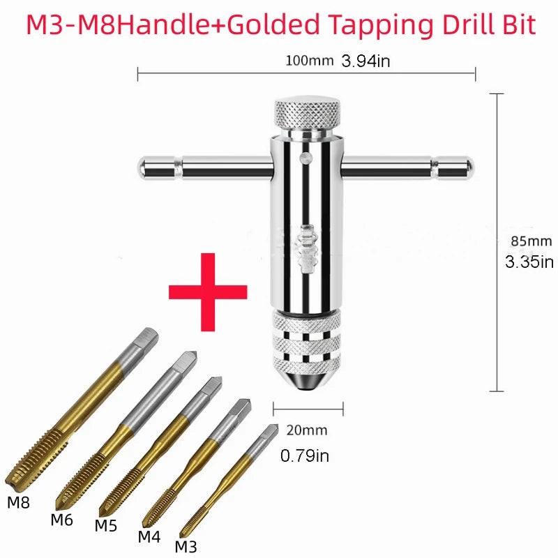 Llave Macho Manual Ajustable Mango T con Ratchet/Fresa para Roscar M3/M4/M5/M6/M8 Métrico