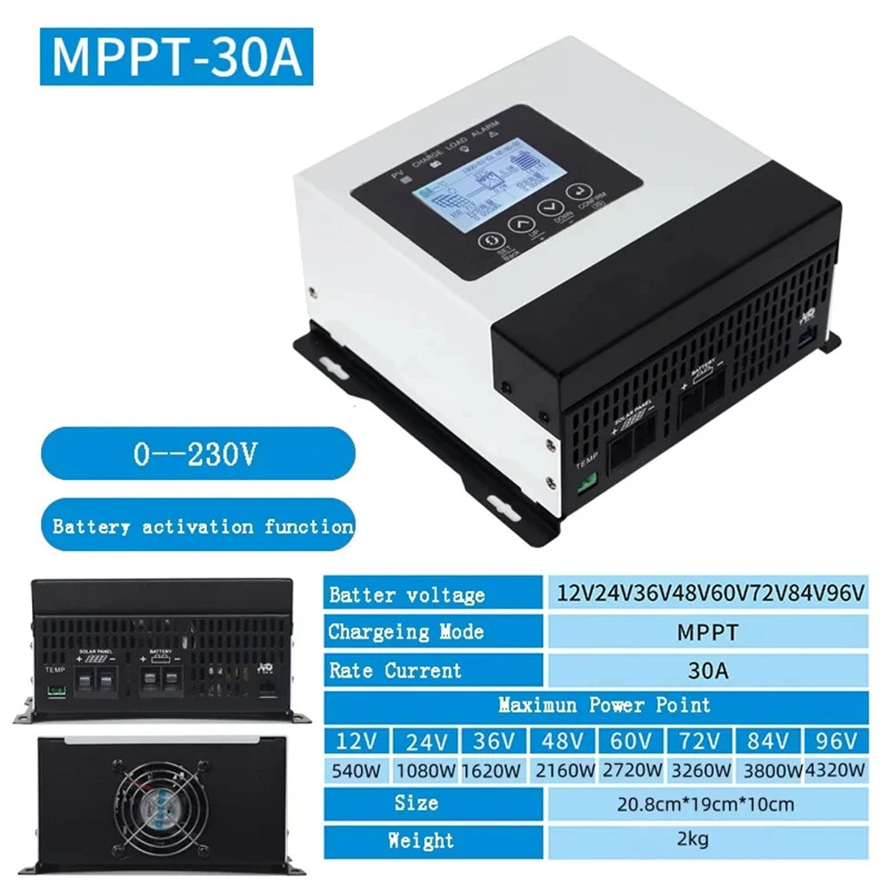 Controlador Carga Solar MPPT 30A-120A Auto 12V-96V Max PV 230V Sistema Panel Solar para LiFePO4/Litio/Plomo-Ácido/Gel