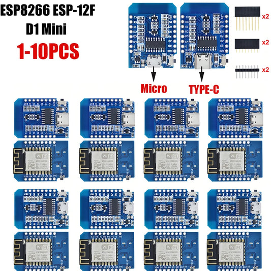 Lote 1-10 Pcs Módulo Wemos D1 Mini WiFi ESP8266 (ESP-12F) CH340G V2 USB-C/Micro Placa Desarrollo 3.3V + Pines Arduino