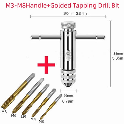 Llave Macho Manual Ajustable Mango T con Ratchet/Fresa para Roscar M3/M4/M5/M6/M8 Métrico