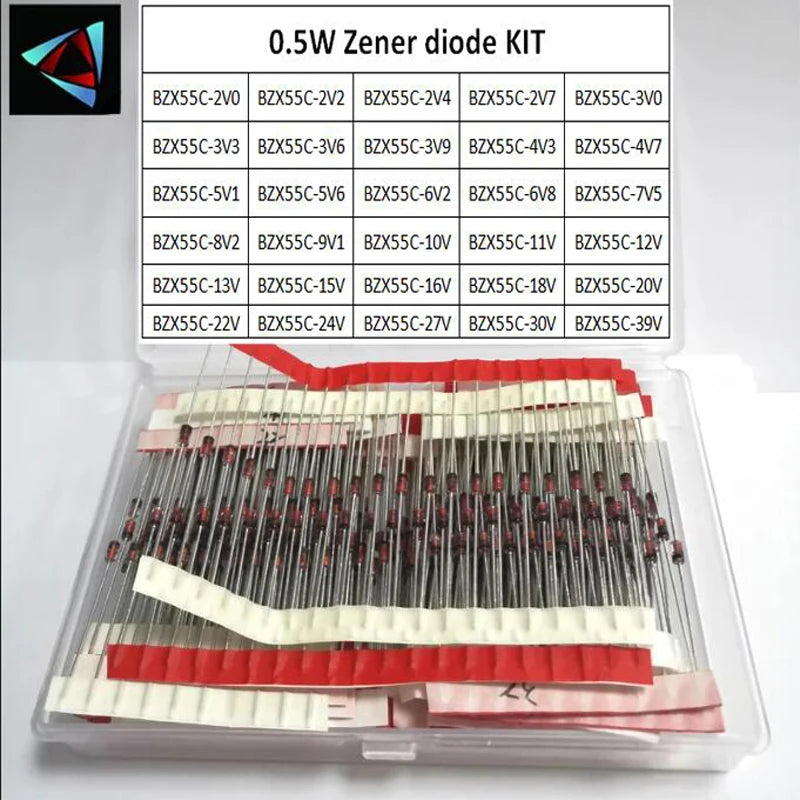 Kit Surtido Diodos Zener 0.5W (2V-39V, 30 Valores x 20 Unidades = 600 Piezas) con Caja DIY