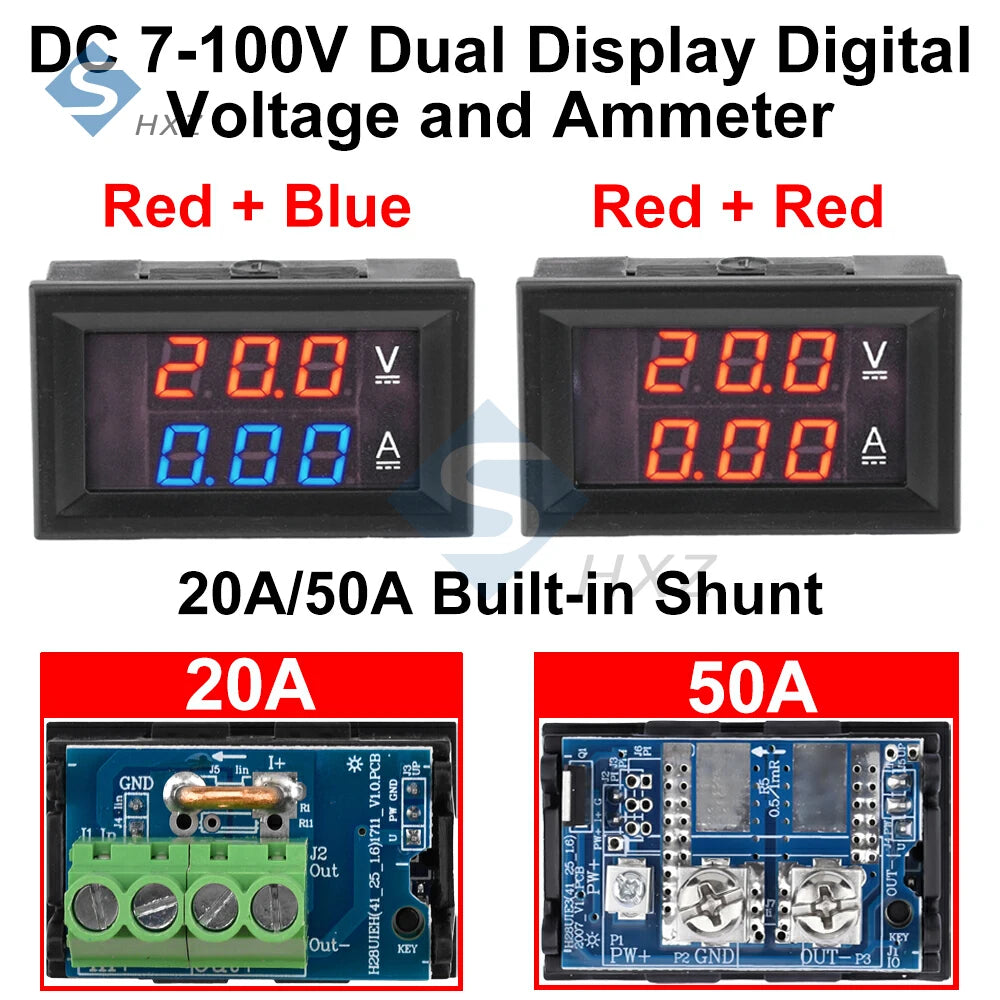 Voltímetro Amperímetro Digital DC (7-100V, 20A/50A Shunt Integrado) - Panel Display LED Dual 0.28"