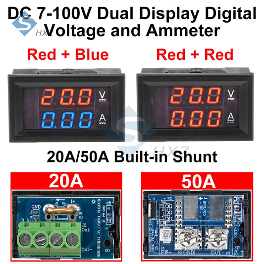 Voltímetro Amperímetro Digital DC (7-100V, 20A/50A Shunt Integrado) - Panel Display LED Dual 0.28"