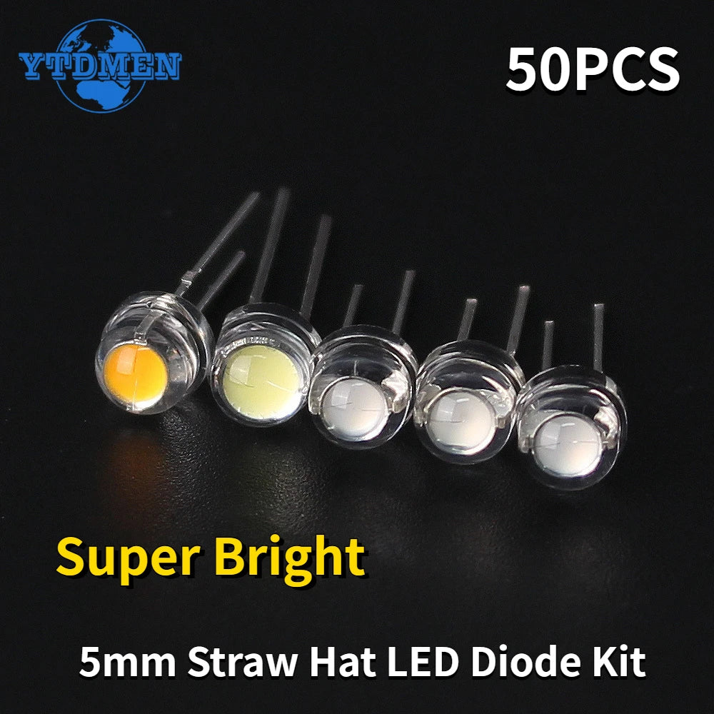 Diodo LED Super Brillante Sombrero Paja F5 (5mm) Azul/Verde/Rojo/Amarillo/Blanco para DIY Electrónico (50 Unidades)