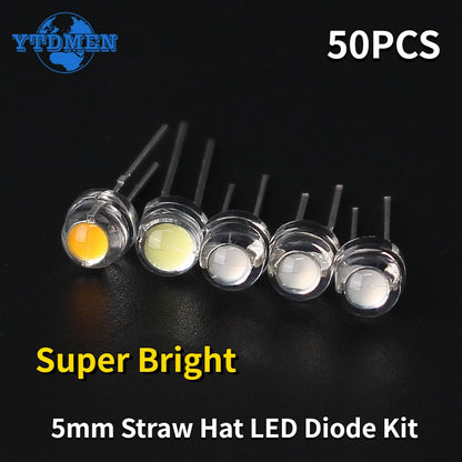 Diodo LED Super Brillante Sombrero Paja F5 (5mm) Azul/Verde/Rojo/Amarillo/Blanco para DIY Electrónico (50 Unidades)