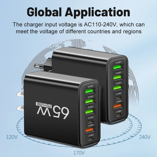 Cargador Pared Rápido USB-C 65W (6 Puertos) para iPhone 14/15 Pro Max, Samsung S23, Xiaomi 14